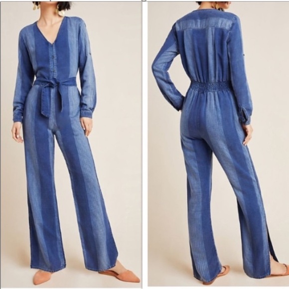 Anthropologie Cloth & Stone Laney Chambray Jumpsuit Striped Pants Jumpsuit XL - Picture 14 of 14